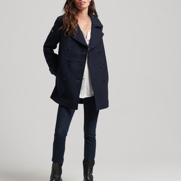 Superdry - Double Breasted Wool Pea Coat - Navy - Picture 3 of 5